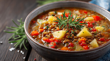 A vibrant bowl of hearty lentil soup filled with colorful vegetables and garnished with fresh herbs, perfect for a nutritious meal.