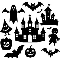  Halloween Silhouette Icon Set Vector, Halloween Silhouettes Elements,  Haunted House Silhouette Vector