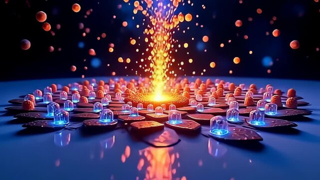 Vividly illuminated, a stunning array of hexagonal molecules spiraling outward like cosmic lotus petal emerges, showcasing a dance of vibrant colors interspersed with dark shadows, casting