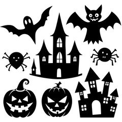  Halloween Silhouette Icon Set Vector, Halloween Silhouettes Elements,  Haunted House Silhouette Vector