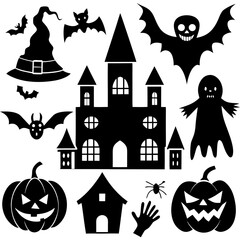  Halloween Silhouette Icon Set Vector, Halloween Silhouettes Elements,  Haunted House Silhouette Vector