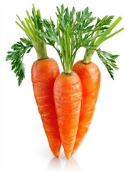 Three fresh, vibrant carrots with green tops, presented on a white background
