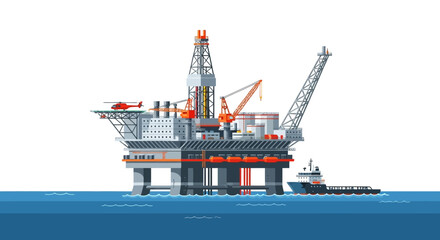 Offshore oil drilling platform illustration with a helicopter and supply vessel in the ocean environment exploration structure production extraction