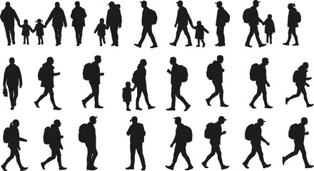 Walking people silhouette collection with adults and children, vector icons showing various postures, carrying bags, holding hands, urban lifestyle illustration.