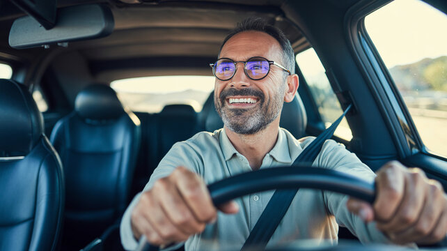 Happy man driving car with sunglasses and a smile