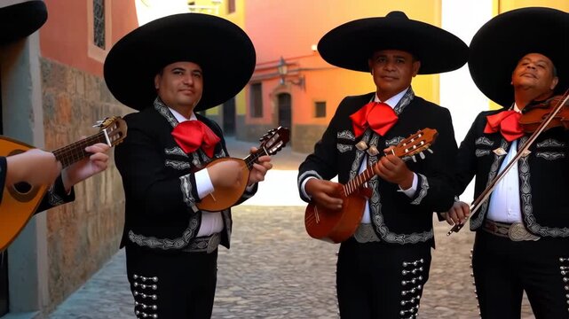 Mariachi band playing traditional mexican music in colorful alley