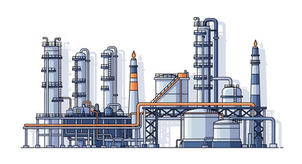 Detailed Industrial Complex Illustration Showcasing Interconnected Structures and Infrastructure Depicting Modern Refining Processes and Operations