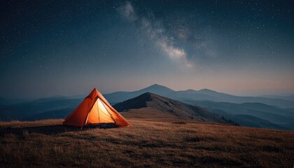Illuminated tent on a mountaintop under a starry sky