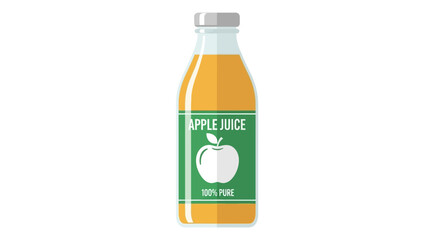An illustration of a classic glass bottle filled with fresh pressed apple juice label proclaiming purity, set against a plain backdrop, promoting