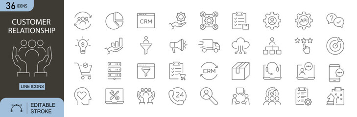 Customer Relationship icons set. Includes support, client, feedback, service, loyalty, trust, connection, partnership, and interaction elements. Editable stroke. Line icons. Perfect for infographics.