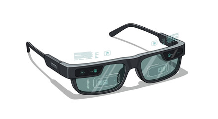 Futuristic augmented reality glasses integrating digital information into user's visual field presented on white backdrop