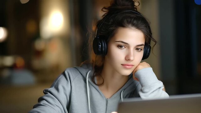 Focused student learning online with headphones and soft lighting