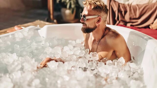Man relaxing in ice bath outdoors on a sunny day wearing sunglasses