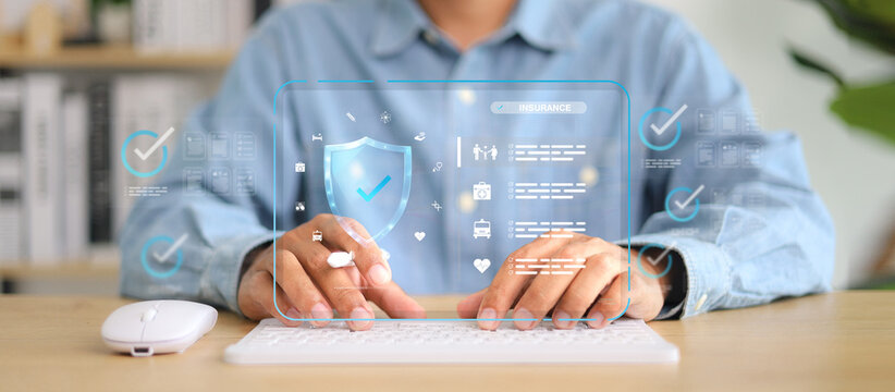 Businessman typing on keyboard with futuristic insurance and protection interface, shield security icon, checklist, and digital healthcare symbols. Concept of safety and trust. - Powered by Adobe