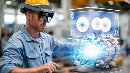Innovation at Work: A skilled worker in an industrial environment wearing advanced augmented reality glasses, interact with digital blueprints of complex machinery. - Powered by Adobe