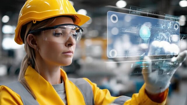 Technological Insight: A skilled female engineer examines an interactive holographic interface, symbolizing technological advancement and visionary engineering in the modern age.