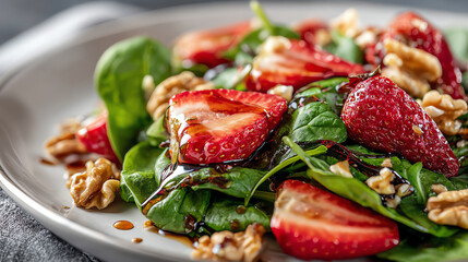A vibrant salad featuring fresh spinach, juicy strawberries, and crunchy walnuts, perfect for a healthy meal.