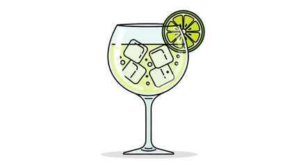 Elegant drink illustration with clear glass, sparkling liquid, ice cubes and fresh lime garnish against a white background