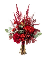 Lush red bouquet with berries, eucalyptus, and other autumnal foliage, tied with a burgundy ribbon against a white background