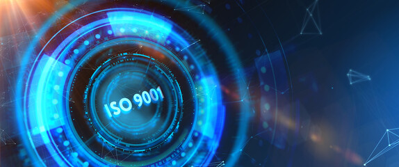 Business, technology, internet and network concept. Virtual screen of the future with the inscription: ISO 9001. 3d illustration