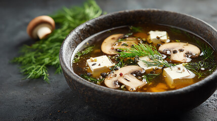 Delicious bowl of soup with mushrooms and tofu, garnished with fresh herbs, showcasing flavors and textures in a warm setting.
