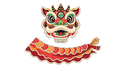 Festive Lunar New Year Celebration Depiction: Elaborate Lion Dance Costume Illustration on White Backdrop Displaying Prosperity and Heritage