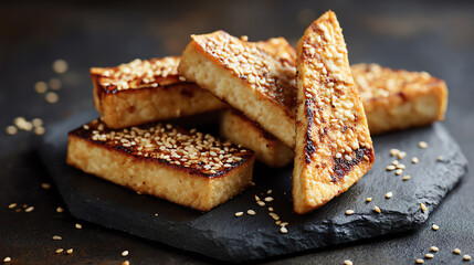 Delicious golden-brown savory tofu slices topped with sesame seeds, perfect for healthy meals or snacks.