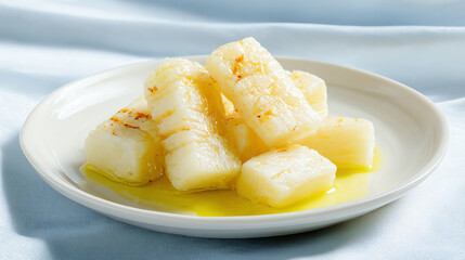 Delicious grilled cassava pieces drizzled with oil, served on a white plate. Perfect for a tropical meal or snack.