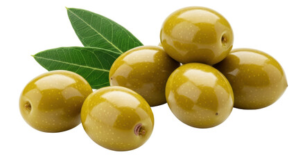 Isolated Pile of Green Olives with Leaves