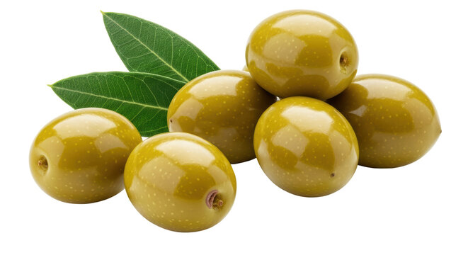 Isolated Pile of Green Olives with Leaves