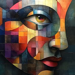 Fototapeta premium Abstract mosaic art illustration depicting a human face with colorful geometric blocks