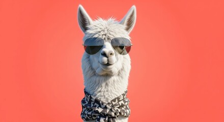 Fototapeta premium Cool llama wearing sunglasses and a scarf on a red background