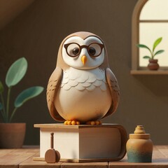 Obraz premium Wise old claymation barn owl mentor on a haystack in a moonlit barn