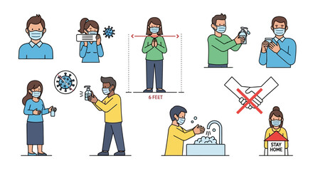 Illustrations showing safety measures during a pandemic, emphasizing social distancing, mask-wearing, and enhanced hygiene practices for preventing