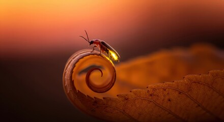 Glowing firefly resting on a curled leaf at golden sunset