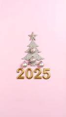 Minimalist New Year's design; gold 2025 below a glitter tree