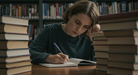 "Focused Student Surrounded by Books in a Library"
