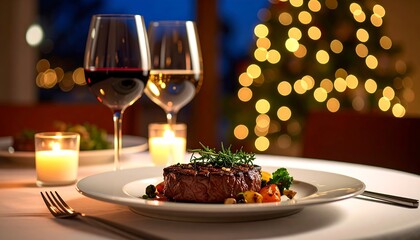 Gourmet steak dinner at a restaurant at night