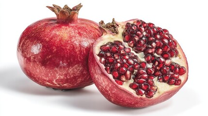 Two pomegranates, one whole, one halved, display vibrant red arils against a white background