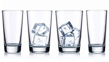 Three clear glasses&mdash;two with bluish ice, one empty; a minimalist study in presence, absence, and quiet contrast.