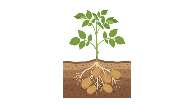 Detailed botanical illustration depicting potato plant growth underground with visible root system and development of fresh potatoes in the soil