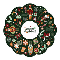 Christmas wreath with illustration from the ballet Nutcracker.Transparent background.Retro design.