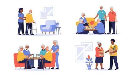Senior community lifestyle illustrations depict elderly adults enjoying assistance and leisure activities together