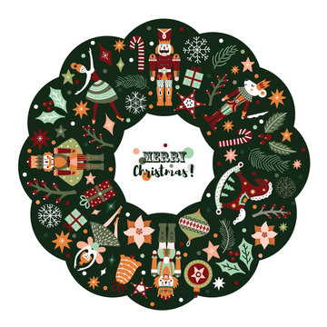 Christmas wreath with illustration from the ballet Nutcracker.Transparent background.Retro design.