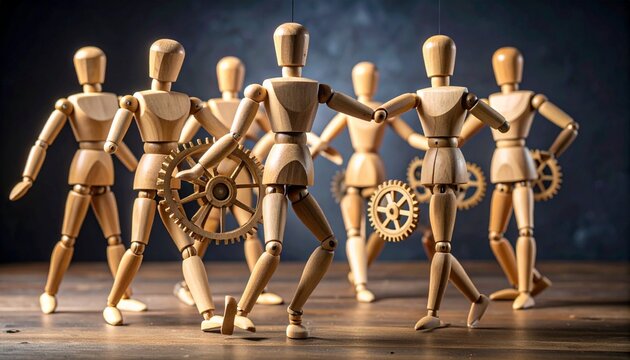Wooden mannequins in a circle—two manipulate gears; a symbolic choreography of teamwork, mechanics, and silent coordination.