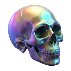 3d iridescent human skull isolated on transparent background