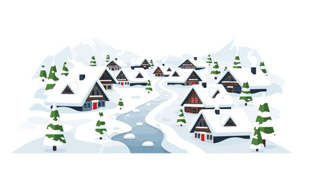 Charming Winter Village Illustration: Snow-Covered Chalets and Winding River amidst Majestic Mountains