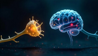 Scientific Illustration – brain with Yellow Neuron on Black Gradient, Amygdala and neurons in the brain, illustration, created with generative ai