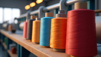Colorful spools neatly arranged in textile factory workshop