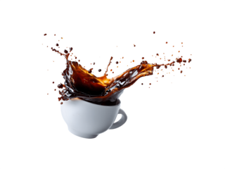 A spill of black coffee splashes out from a white cup floating in the air